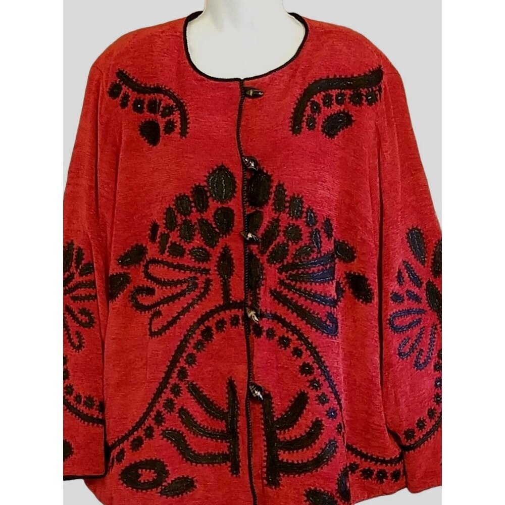 Allure Vintage Embellished Button Cardigan Womens 1X Red Velour Barrel Buttons